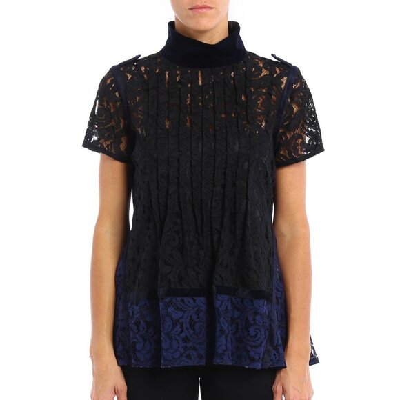 Sacai PF16 Black & Blue Lace Velvet-Trim Blouse - Picture 1 of 11
